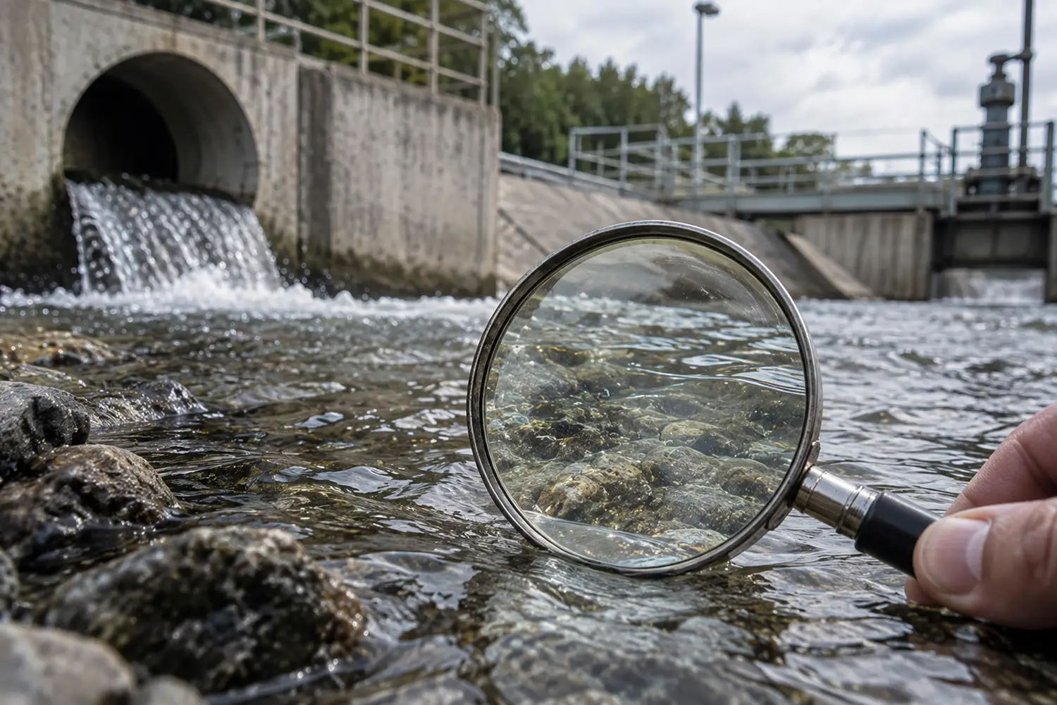 Magnifying glass over water flowing from a pipe into a stream, representing water quality