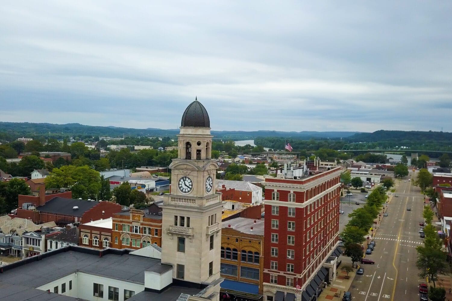 Aerial view of downtown Marietta, Ohio, with its historic clock tower and river bridge